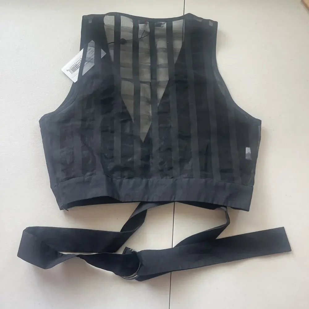 DEREK LAM Black Sheer Back Crop Top Sz 8 S/M Silk Cotton Belted City Fancy NEW